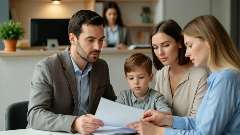 Familia recibiendo orientación sobre pensión de orfandad en una oficina de seguridad social