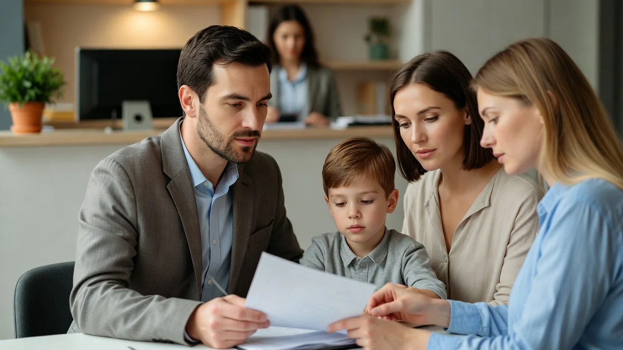 Familia recibiendo orientación sobre pensión de orfandad en una oficina de seguridad social