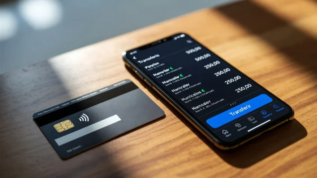 Tarjeta bancaria sobre escritorio junto a móvil con aplicación financiera abierta