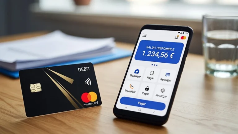 Persona usando app bancaria en smartphone con tarjetas digitales y símbolos de ahorro