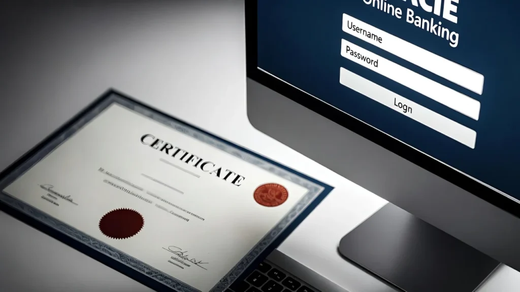 Documento de certificado de titularidad de cuenta bancaria junto a una laptop con banca online