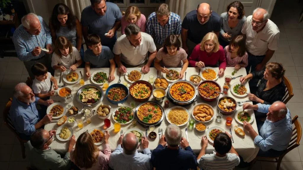 mesa con comida para 20 personas económica con platos simples y abundantes