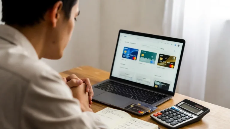 Persona comparando cuál es la mejor tarjeta de crédito con calculadora y portátil