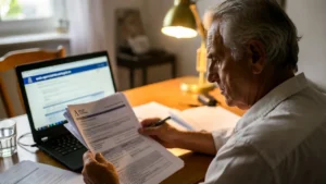 Jubilado revisando documentos para solicitar devolución IRPF mutualistas jubilados en la Agencia Tributaria