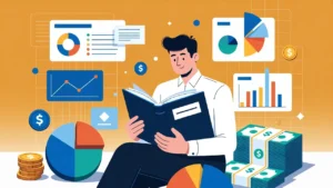 Joven aprendiendo finanzas con computadora y gráficos de ahorro