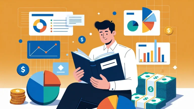 Joven aprendiendo finanzas con computadora y gráficos de ahorro