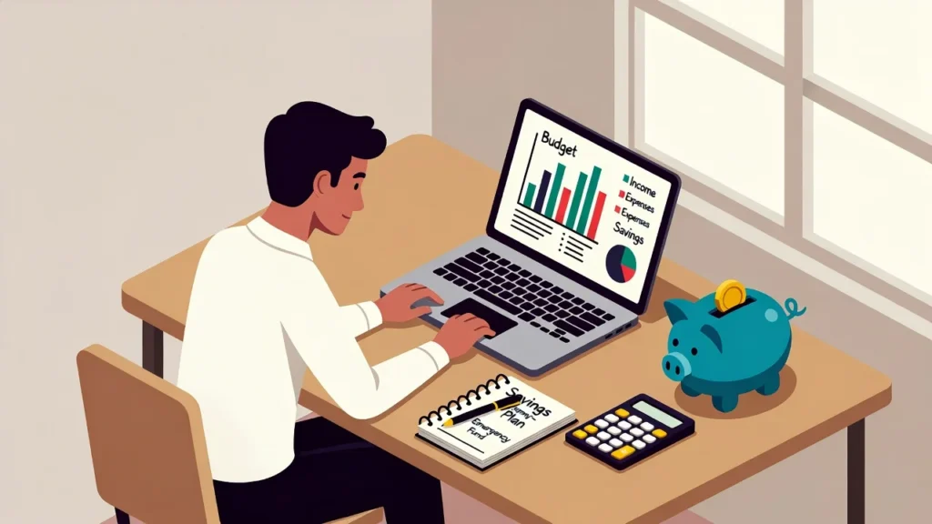 Persona organizando su presupuesto y plan de ahorro en casa con portátil y calculadora.