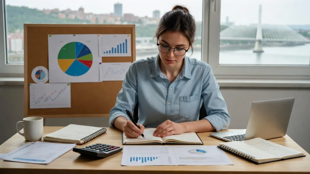 Persona revisando presupuesto financiero con vista de Vizcaya al fondo