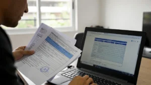 Persona realizando ingreso mínimo vital solicitud online desde un ordenador en casa