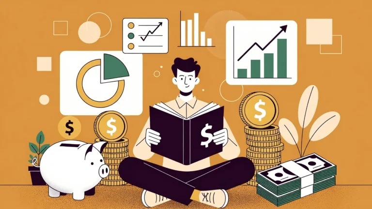 Persona leyendo un libro sobre educación financiera con gráficos de ahorro y dinero alrededor