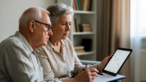 Pareja analizando documentos financieros y gráficos de ahorro para pensiones