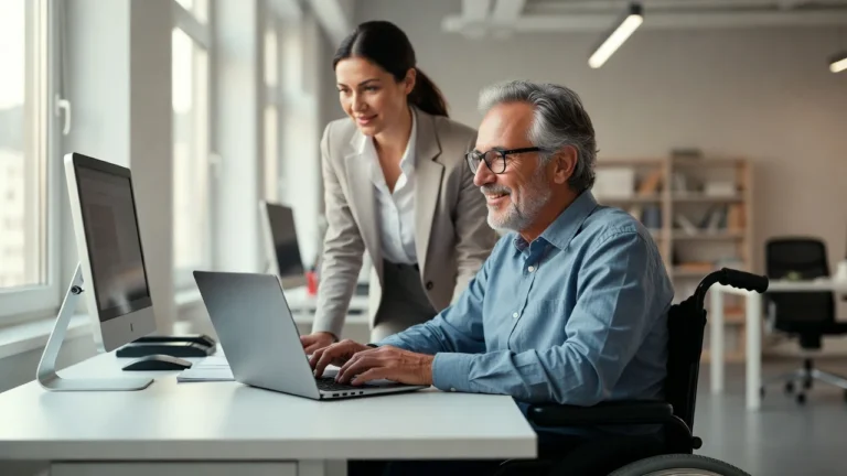 Persona con discapacidad recibiendo apoyo de asistente personal en entorno laboral en España