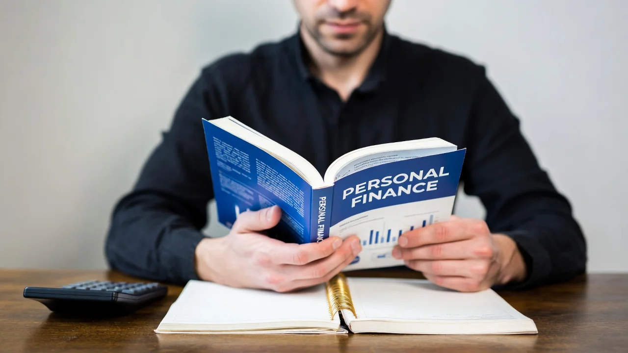 Persona leyendo un libro de finanzas personales con libreta y calculadora