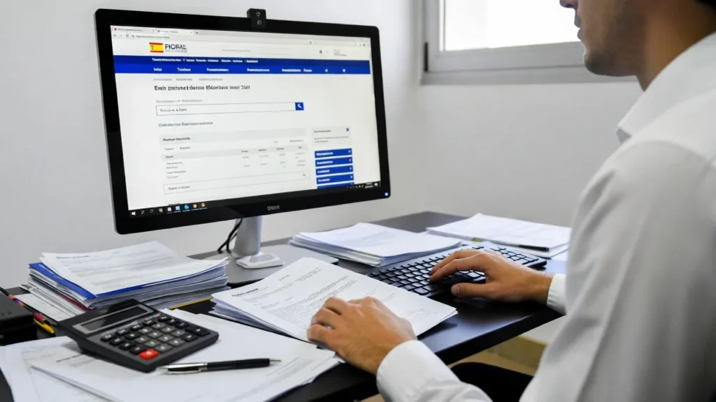 Persona completando un formulario de solicitud de devolución para mutualistas con documentos y calculadora