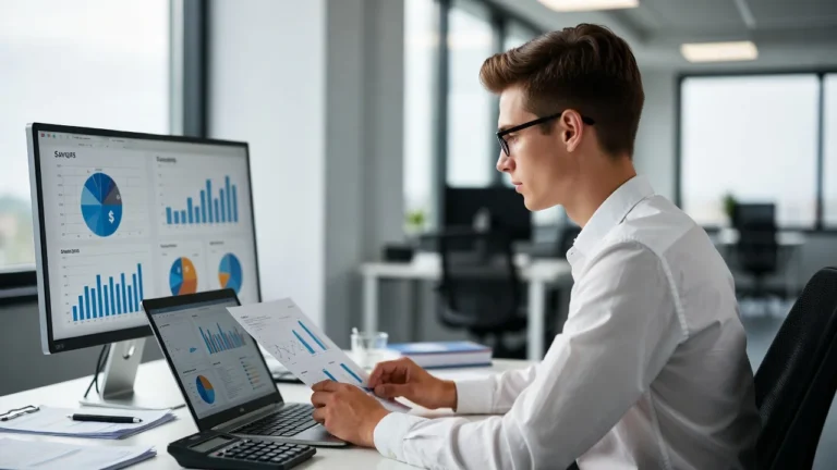 Empleado bancario revisando cuenta remunerada y gráficos de ahorro en oficina moderna.