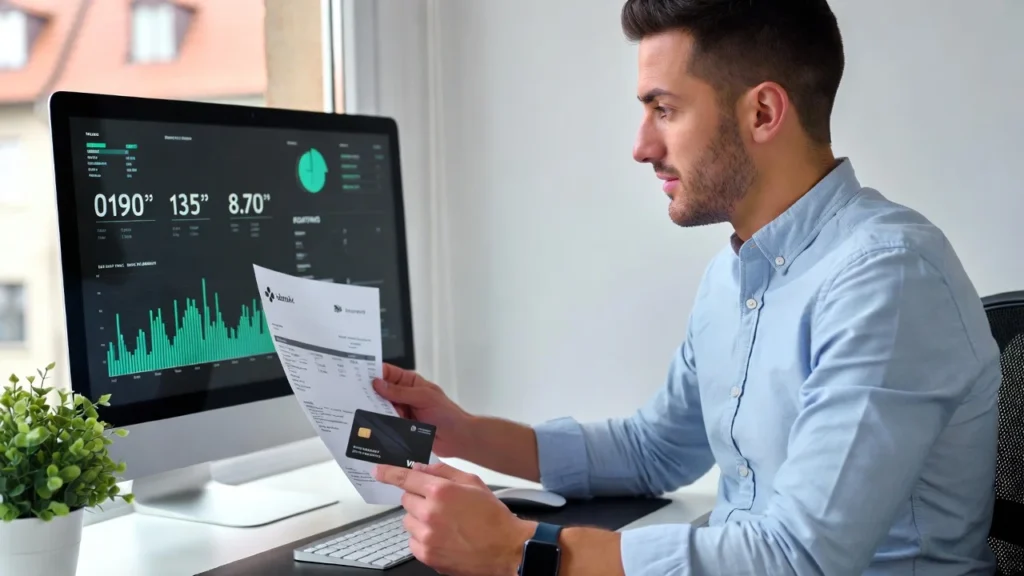 Persona revisando su tarjeta de débito y extracto bancario en Madrid