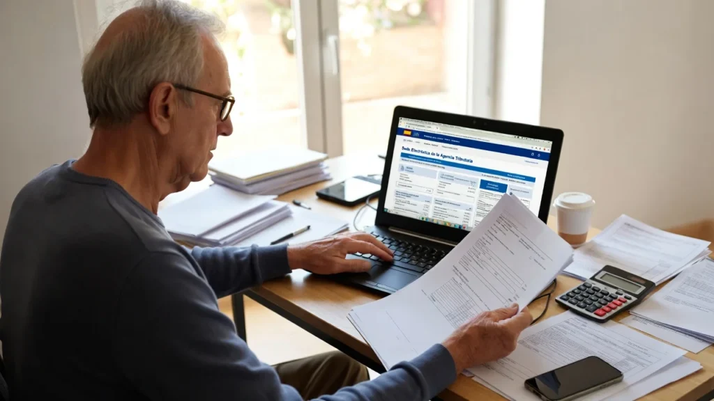 Persona revisando documentos fiscales y aportaciones de IRPF mutualistas en casa