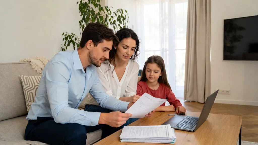 Familia revisando documentación del seguro BBVA hogar en casa