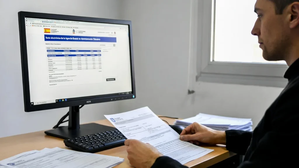 Persona revisando facturas y certificados para solicitar devolución de mutualidades a Hacienda en su computadora.