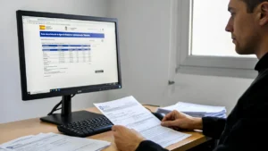 Persona revisando facturas y certificados para solicitar devolución de mutualidades a Hacienda en su computadora.