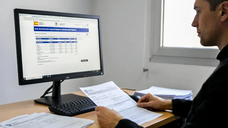 Persona revisando facturas y certificados para solicitar devolución de mutualidades a Hacienda en su computadora.