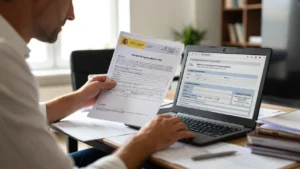 Persona solicitando Ingreso Mínimo Vital online desde casa con ordenador portátil