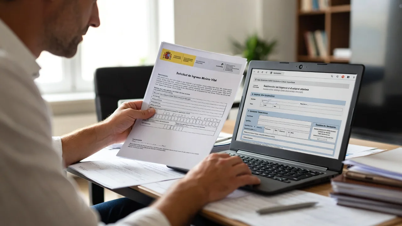 Persona solicitando Ingreso Mínimo Vital online desde casa con ordenador portátil