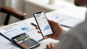 Persona revisando devolución de mutualistas en su móvil con documentos financieros sobre el escritorio