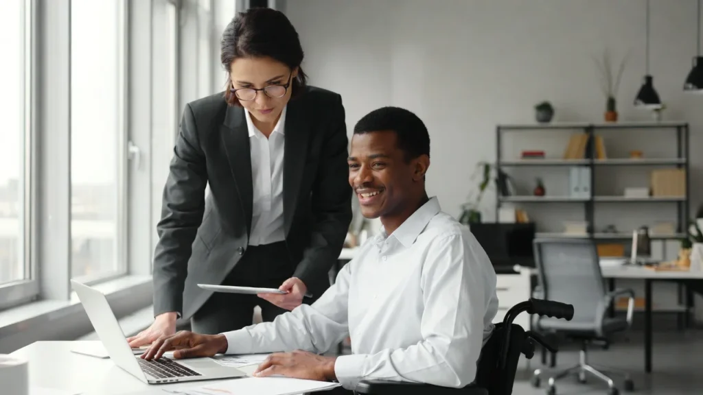 Persona con discapacidad recibiendo asesoramiento para solicitar prestaciones sociales