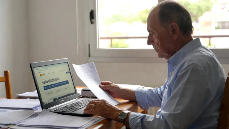Pensionista revisando documentos sobre devolución mutualistas y declaración del IRPF en España.