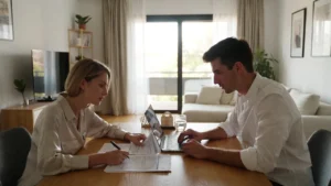 Pareja firmando contrato de arras con llaves de casa sobre la mesa