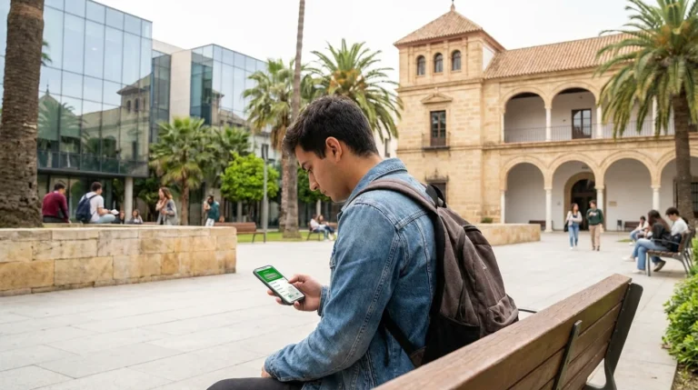 Estudiante internacional usando app bancaria en España sin historial crediticio