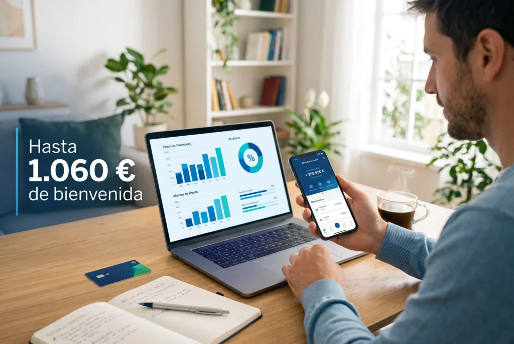 Persona revisando la app de BBVA y portátil con gráficos de finanzas personales para obtener hasta 1060 euros de bienvenida en España
